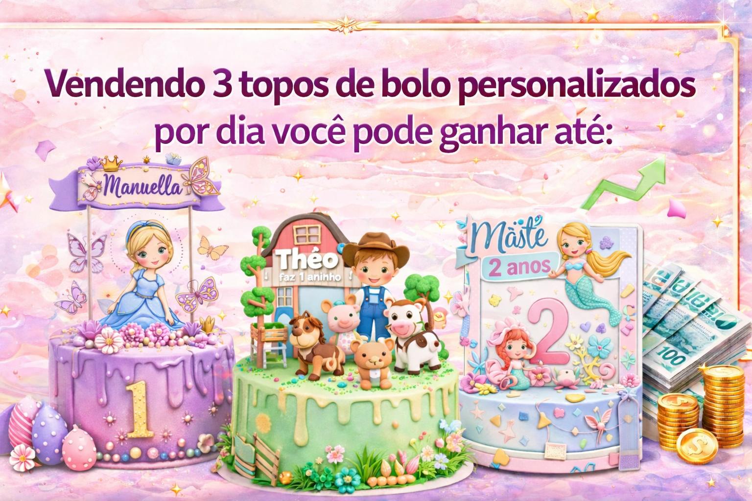 Vendendo 3 topos de bolo personalizados por dia você pode ganhar até