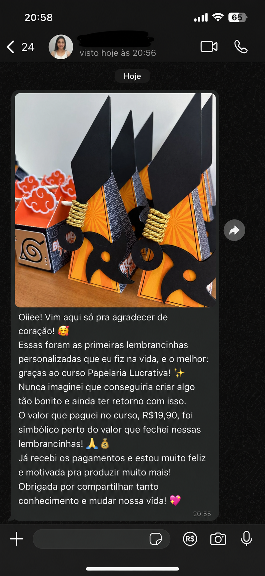 Depoimento WhatsApp lembrancinhas Naruto